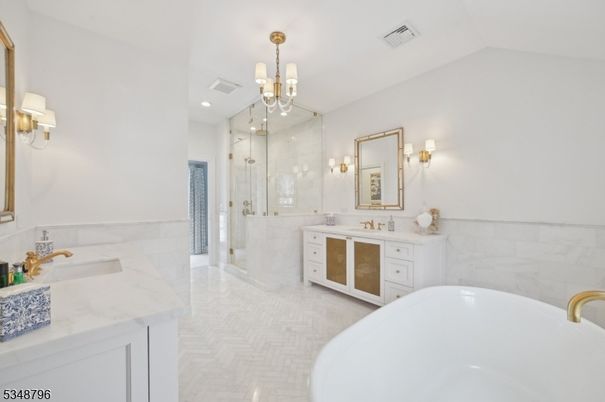 Bathroom, Chandelier, Dual Sink Vanities, Free Standing Baths, Glass Shower, Interior, Recessed Lighting
