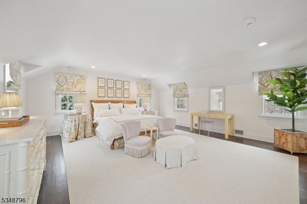 Bedroom, Fireplace, Interior, Recessed Lighting, Wood Texture Flooring