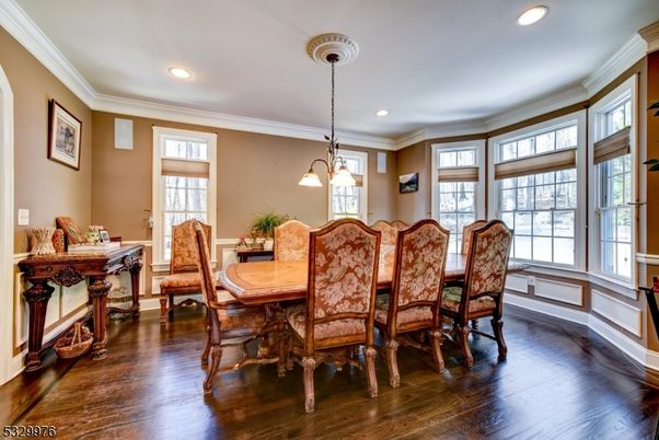 Dining room, Interior, Pendant Lights, Recessed Lighting, Wood Texture Flooring