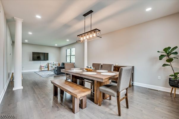 Dining room, Interior, Living room, Pendant Lights, Recessed Lighting, Wood Texture Flooring