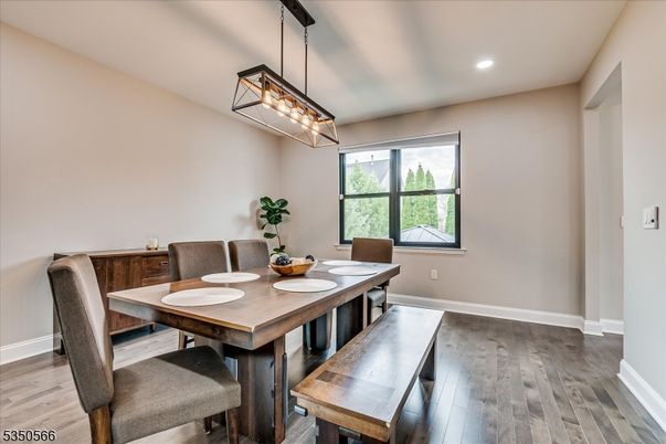 Dining room, Interior, Pendant Lights, Recessed Lighting, Wood Texture Flooring