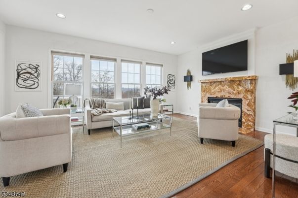 Fireplace, Interior, Living room, Recessed Lighting, Wood Texture Flooring