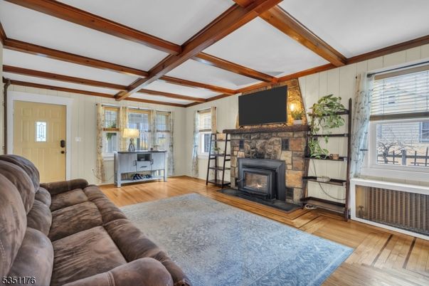 Fireplace, Interior, Living room, Pendant Lights, Wooden Beams, Wood Texture Flooring