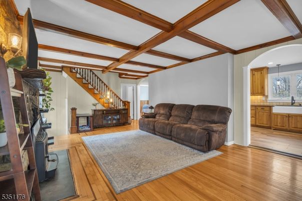 Fireplace, Interior, Living room, Pendant Lights, Wooden Beams, Wood Texture Flooring