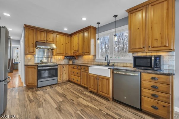 Interior, Kitchen, Pendant Lights, Recessed Lighting, Stainless Steel Appliances, Wood Texture Flooring