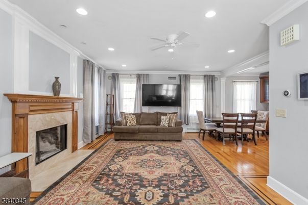Dining room, Fireplace, Interior, Recessed Lighting, Wood Texture Flooring