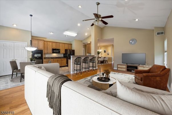 Dining room, Interior, Kitchen, Living room, Pendant Lights, Recessed Lighting, Stainless Steel Appliances, Wood Texture Flooring