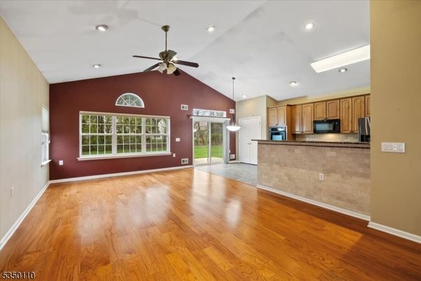 Empty room, Interior, Kitchen, Pendant Lights, Recessed Lighting, Wood Texture Flooring