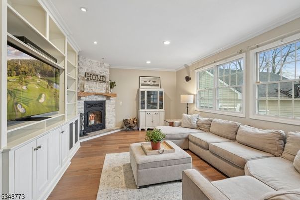 Fireplace, Interior, Living room, Recessed Lighting, Wood Texture Flooring