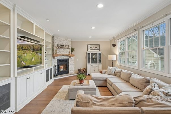 Fireplace, Interior, Living room, Recessed Lighting, Wood Texture Flooring