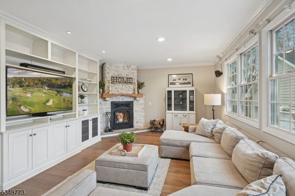 Fireplace, Interior, Living room, Recessed Lighting, Wood Texture Flooring