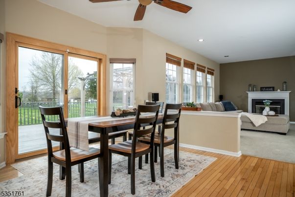 Bedroom, Dining room, Fireplace, Interior, Living room, Recessed Lighting, Wood Texture Flooring