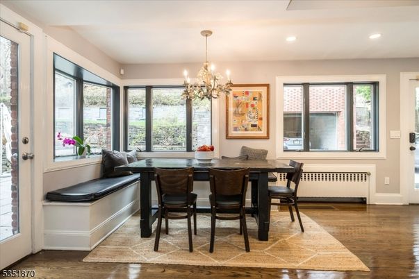 Chandelier, Dining room, Interior, Recessed Lighting, Wood Texture Flooring