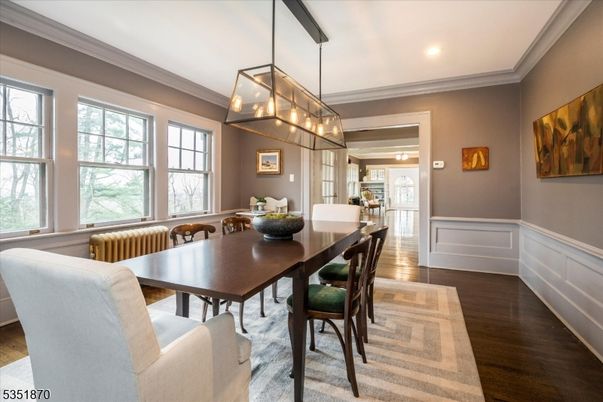 Dining room, Interior, Pendant Lights, Recessed Lighting, Wood Texture Flooring