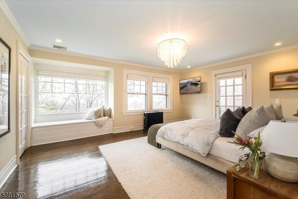 Bedroom, Chandelier, Interior, Recessed Lighting, Wood Texture Flooring