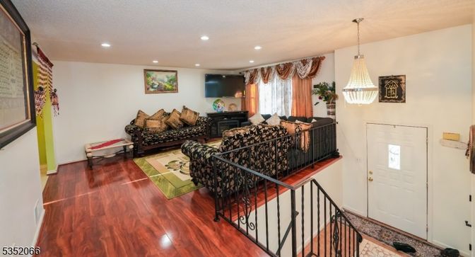 Chandelier, Interior, Living room, Recessed Lighting, Wood Texture Flooring