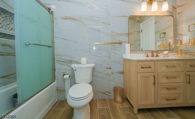 Bathroom, Glass Shower, Interior, Marble Walls, Wood Texture Flooring