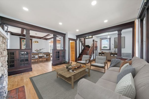 Dining room, Interior, Living room, Pendant Lights, Recessed Lighting, Wood Texture Flooring