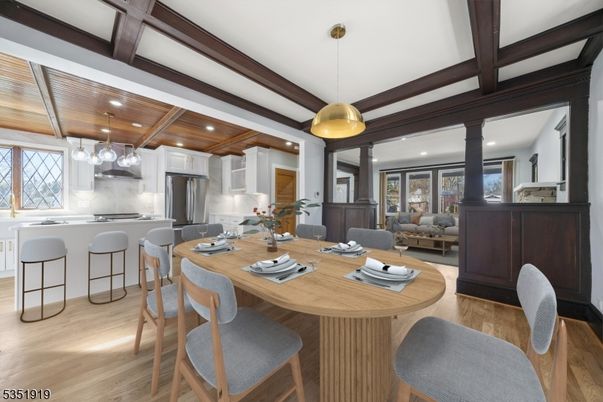 Dining room, Interior, Kitchen, Living room, Pendant Lights, Recessed Lighting, Stainless Steel Appliances, Wooden Beams, Wooden Ceilings, Wood Texture Flooring