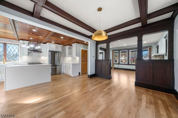Interior, Kitchen, Pendant Lights, Recessed Lighting, Stainless Steel Appliances, Wooden Beams, Wooden Ceilings, Wood Texture Flooring
