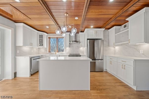 Interior, Kitchen, Pendant Lights, Recessed Lighting, Stainless Steel Appliances, Wooden Beams, Wooden Ceilings, Wood Texture Flooring