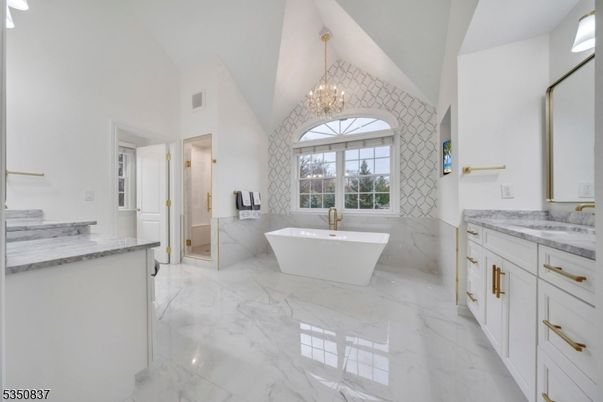 Bathroom, Chandelier, Dual Sink Vanities, Free Standing Baths, Interior, Marble