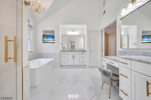 Bathroom, Chandelier, Dual Sink Vanities, Free Standing Baths, Interior, Marble