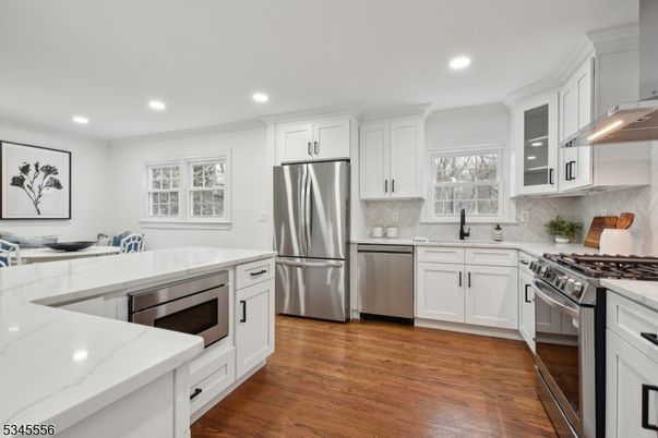 Interior, Kitchen, Recessed Lighting, Stainless Steel Appliances, Wood Texture Flooring