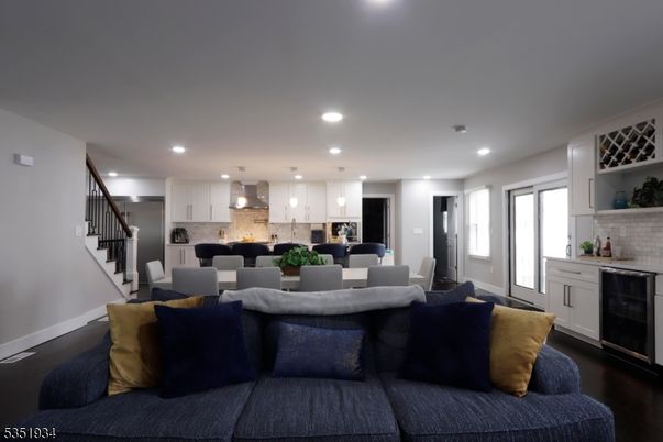 Dining room, Interior, Kitchen, Living room, Pendant Lights, Recessed Lighting, Stainless Steel Appliances, Wood Texture Flooring