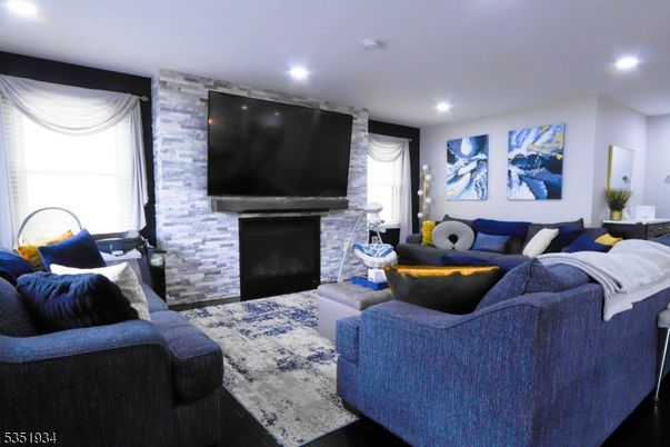 Fireplace, Interior, Living room, Recessed Lighting, Stone Walls