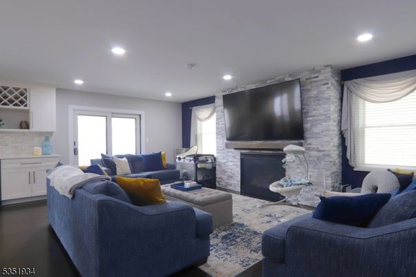 Fireplace, Interior, Living room, Recessed Lighting, Stone Walls