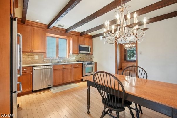 Chandelier, Dining room, Interior, Kitchen, Recessed Lighting, Stainless Steel Appliances, Wooden Beams, Wood Texture Flooring
