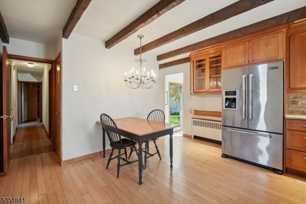 Chandelier, Dining room, Interior, Kitchen, Stainless Steel Appliances, Wooden Beams, Wood Texture Flooring