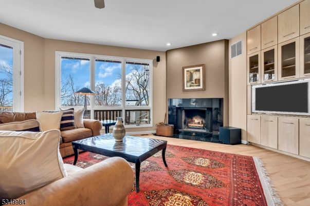 Fireplace, Interior, Living room, Recessed Lighting, Wood Texture Flooring