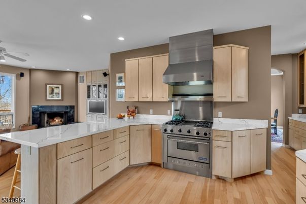 Fireplace, Interior, Kitchen, Recessed Lighting, Stainless Steel Appliances, Wood Texture Flooring