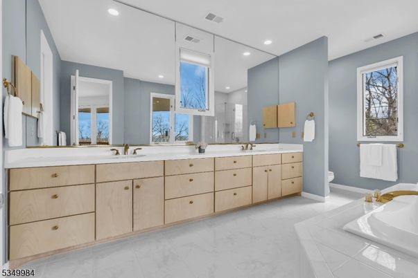 Bathroom, Dual Sink Vanities, Interior, Marble, Recessed Lighting