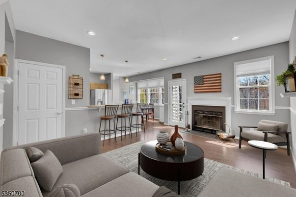 Fireplace, Interior, Kitchen, Living room, Pendant Lights, Recessed Lighting, Wood Texture Flooring