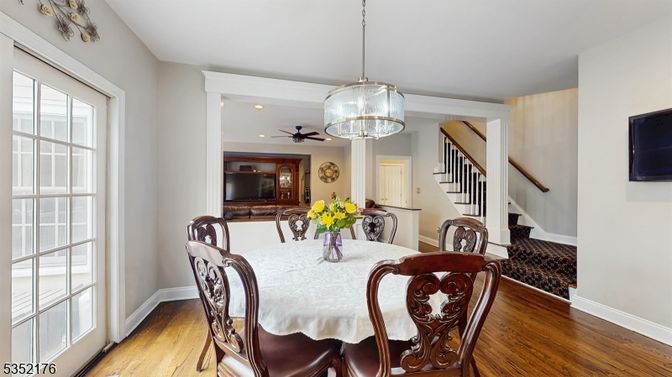 Dining room, Interior, Pendant Lights, Recessed Lighting, Wood Texture Flooring