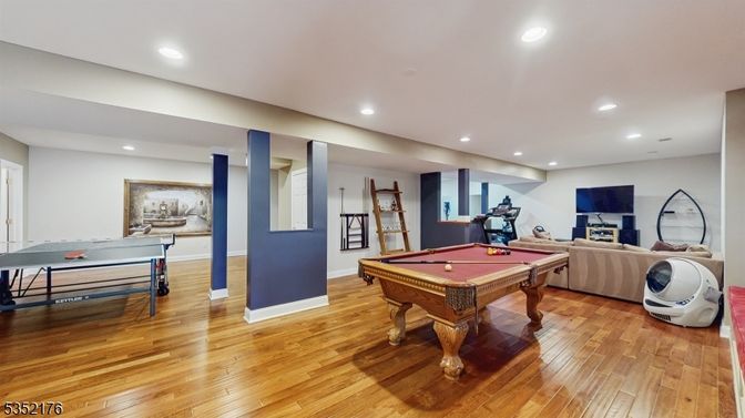 Billiard Table, Fitness Equipment, Game Room, Interior, Recessed Lighting, Wood Texture Flooring