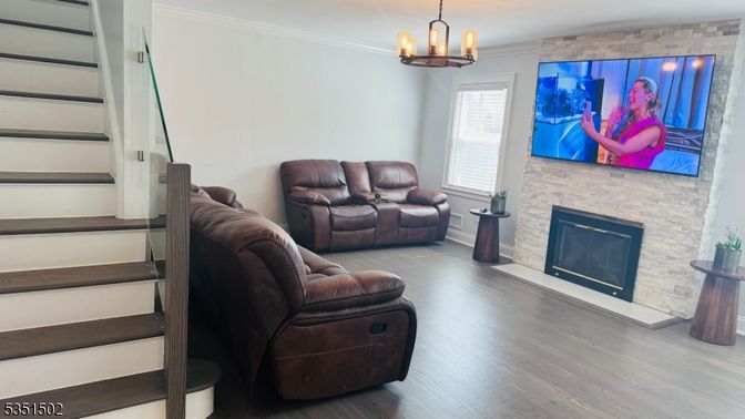 Fireplace, Interior, Pendant Lights, Wood Texture Flooring