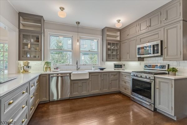 Interior, Kitchen, Pendant Lights, Stainless Steel Appliances, Wood Texture Flooring