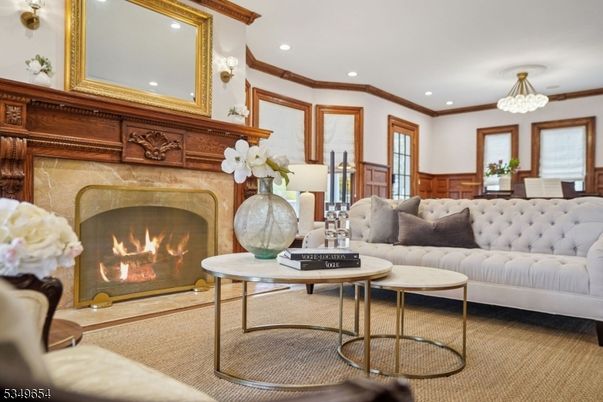 Chandelier, Fireplace, Interior, Living room, Recessed Lighting