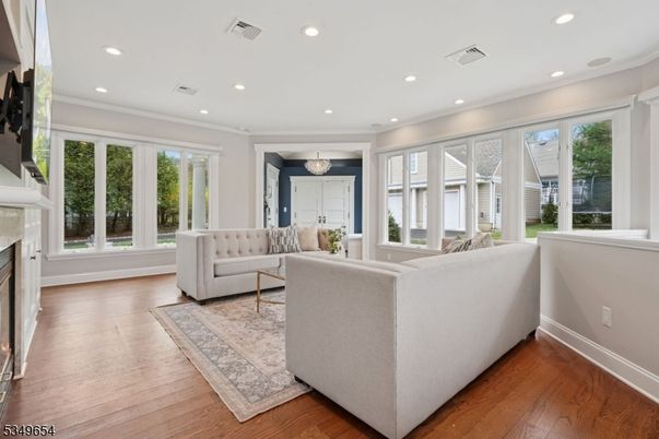Fireplace, Interior, Living room, Recessed Lighting, Wood Texture Flooring