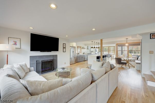 Dining room, Fireplace, Interior, Kitchen, Living room, Pendant Lights, Recessed Lighting, Wood Texture Flooring