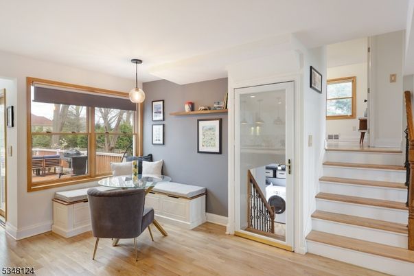 Dining room, Interior, Pendant Lights, Wood Texture Flooring