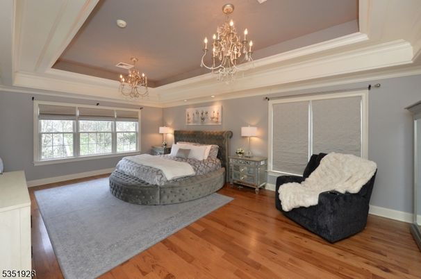 Bedroom, Chandelier, Interior, Recessed Lighting, Wood Texture Flooring