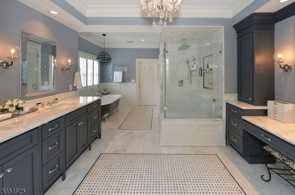 Bathroom, Chandelier, Dual Sink Vanities, Free Standing Baths, Glass Shower, Interior, Marble, Recessed Lighting