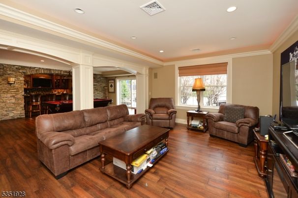 Interior, Living room, Recessed Lighting, Stone Walls, Wood Texture Flooring