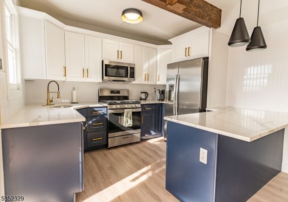 Interior, Kitchen, Pendant Lights, Stainless Steel Appliances, Wooden Beams, Wood Texture Flooring