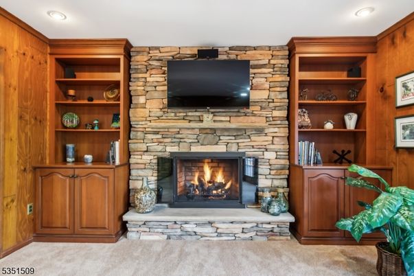Fireplace, Interior, Recessed Lighting, Stone Walls, Wooden Walls